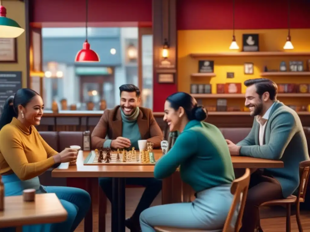 Noche de juegos de mesa en cafetería: Diversión, risas y camaradería en un acogedor ambiente con iluminación cálida