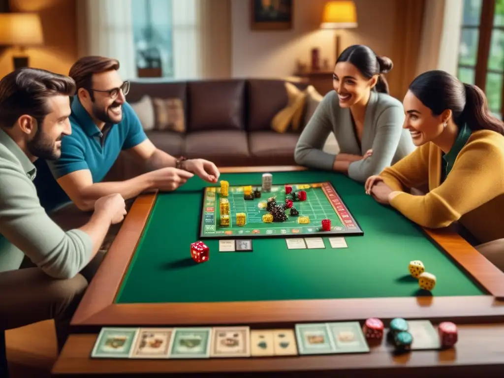 Noche de juegos perfecta: Amigos reunidos en una sala acogedora, concentrados y felices en su partida de mesa