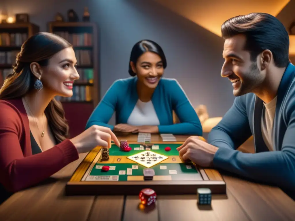 Una noche de juegos perfecta: amigos concentrados en estrategias, risas y diversión en ambiente acogedor