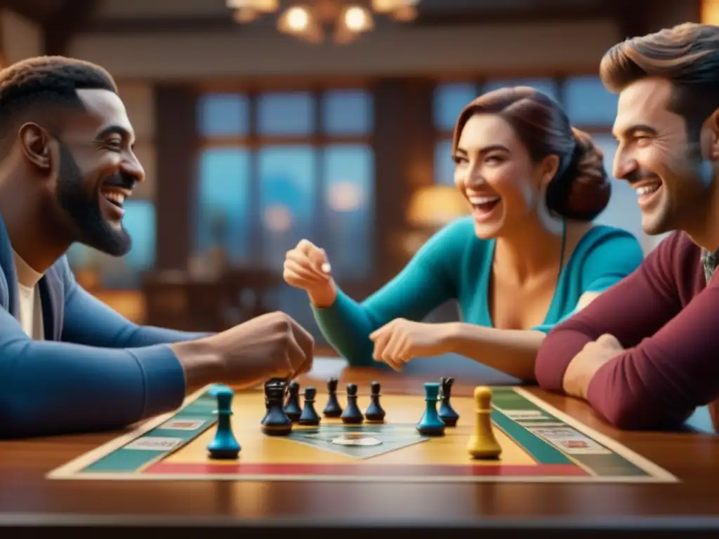 Una noche perfecta de juegos entre amigos: risas, diversión y camaradería alrededor de la mesa iluminada cálidamente