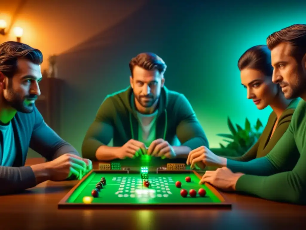 Una noche de juegos sostenible y divertida entre amigos, iluminada por luces LED ecológicas y rodeada de plantas verdes exuberantes