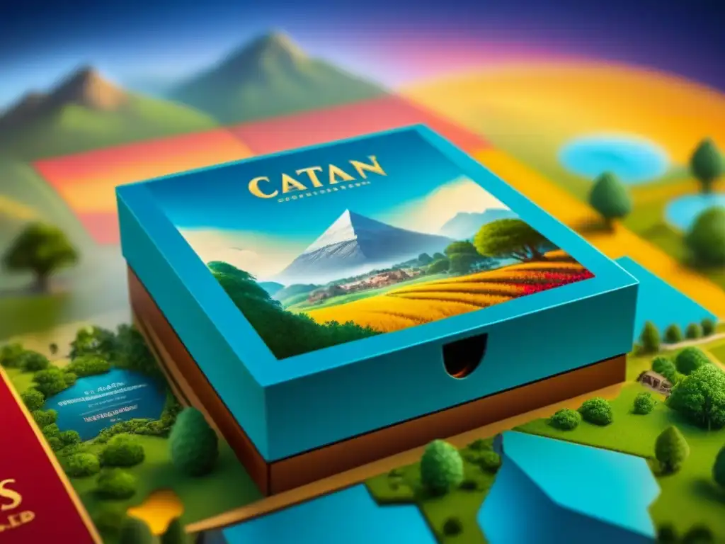 Una obra de arte detallada de la edición limitada del juego Catan, con colores vibrantes y diseños elaborados que revelan su exclusividad