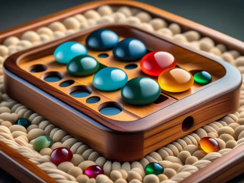 Una obra maestra de madera de caoba pulida, con incrustaciones para gemas, cuenta la historia del juego de Mancala en África