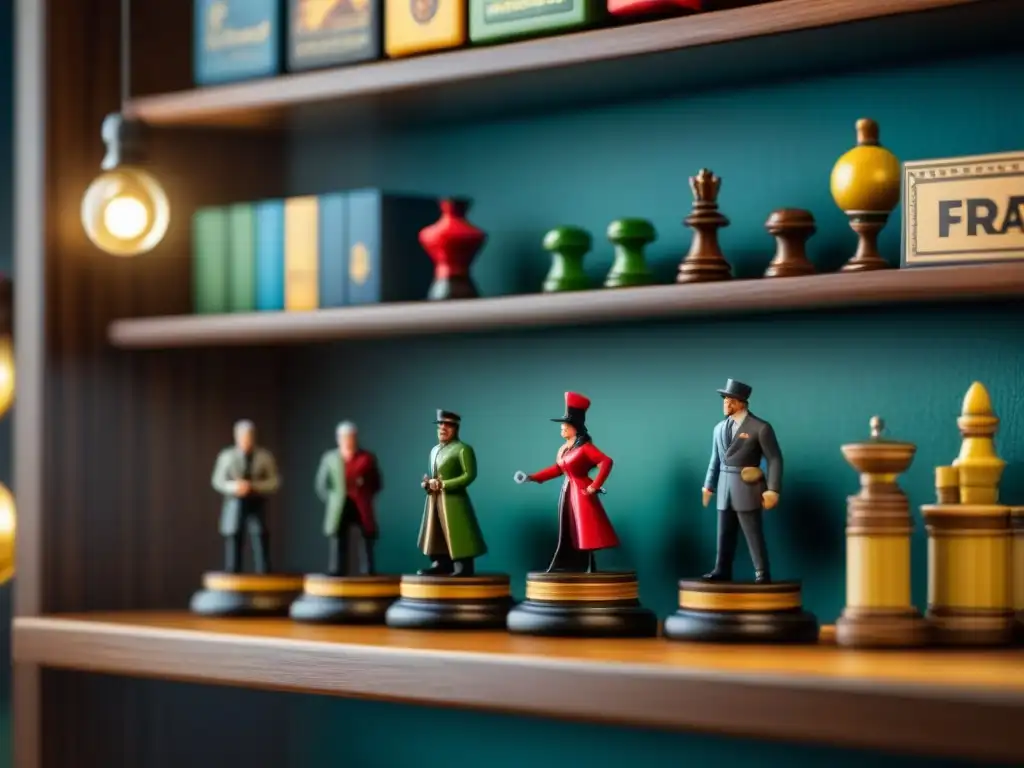 Colección organizada de juegos de mesa estrategia en estantes de madera detalladamente decorados con miniaturas