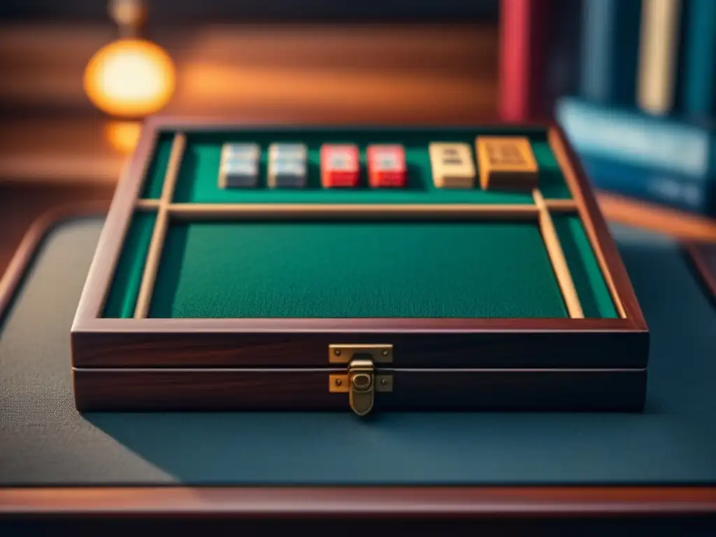 Un organizador de juegos de mesa de madera de alta calidad, con piezas y cartas ordenadas en compartimentos, iluminado suavemente