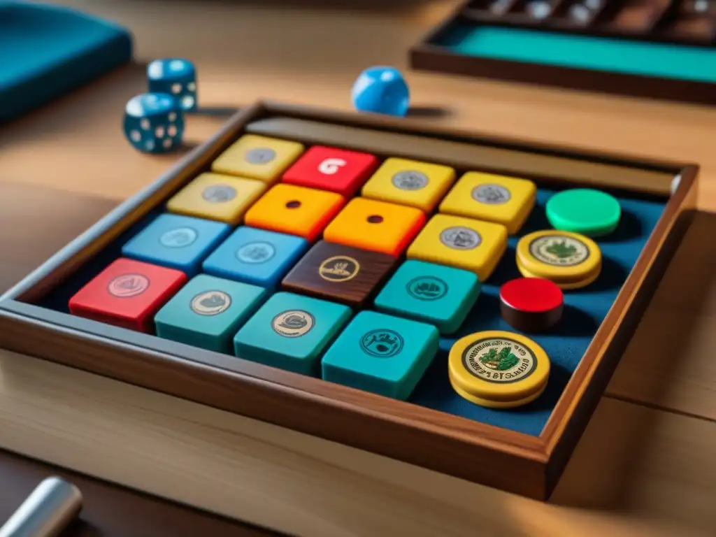 Un organizador de juegos de mesa de madera, detallado y colorido, perfecto para guardar cartas, dados y fichas, mejorando la experiencia del usuario