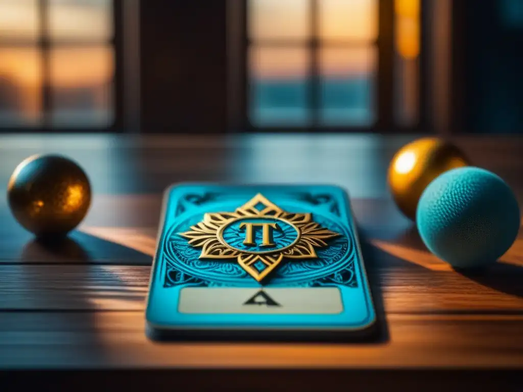 Orígenes del Tarot como juego: Detalle de carta sobre mesa de madera con símbolos místicos y colores vibrantes, iluminada por luz suave