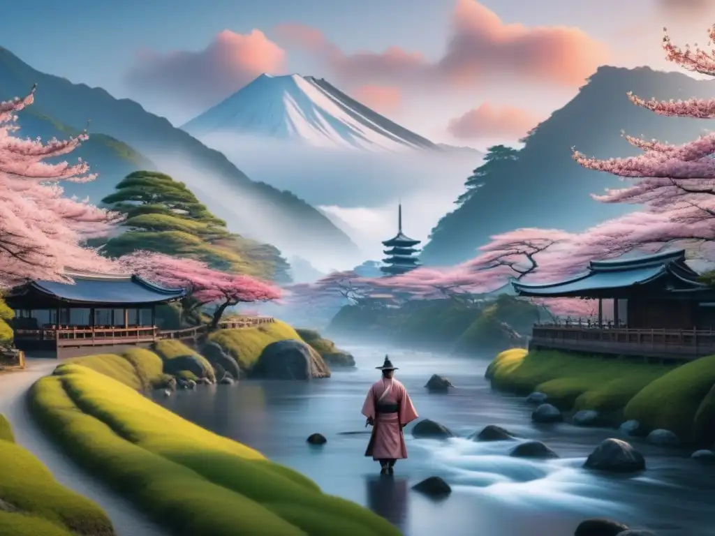 Un paisaje japonés tradicional al amanecer con árboles de cerezo en flor, río sinuoso y montañas nevadas al fondo