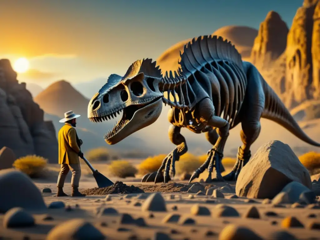 Un paleontólogo excavando un esqueleto de dinosaurio en un desierto al atardecer