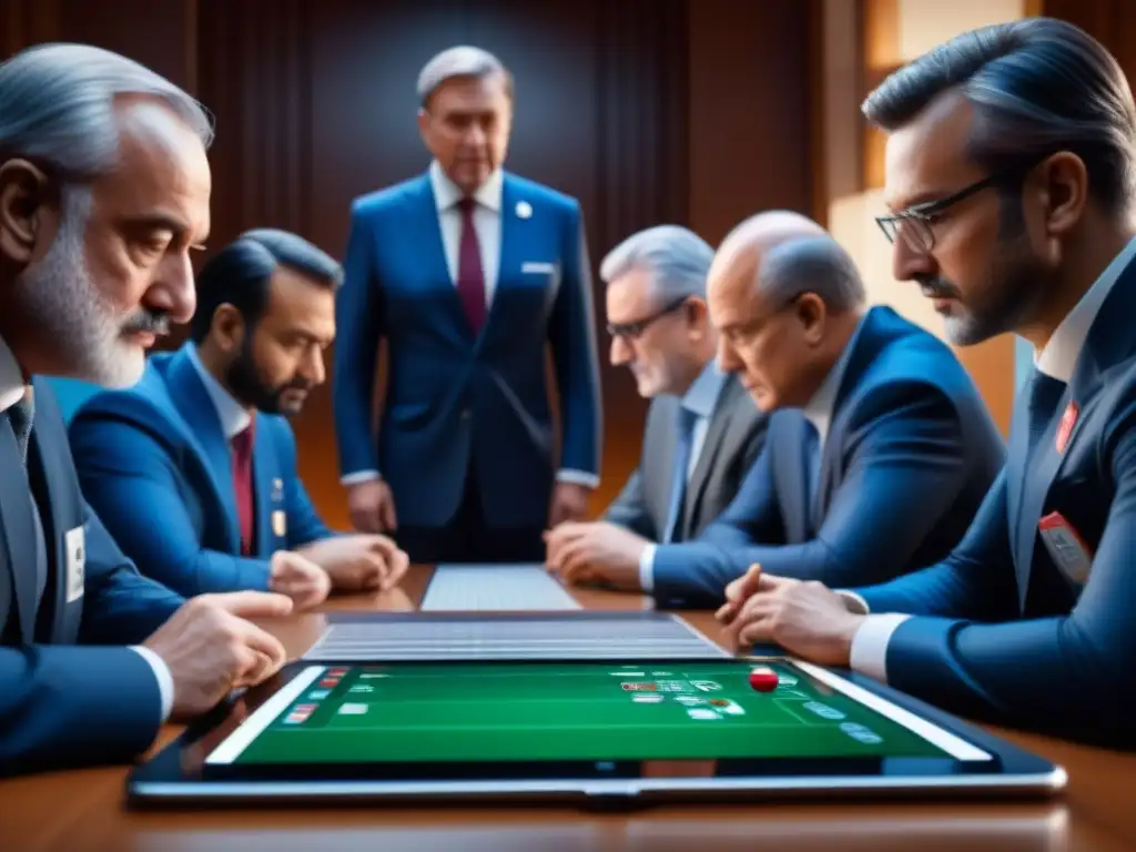 Panel de jueces internacionales revisando estrategias de juego en una sala llena de tecnología avanzada