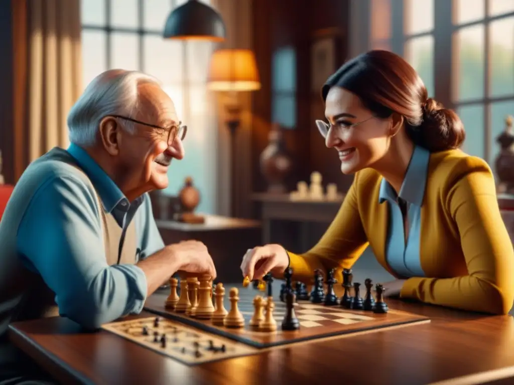 Una pareja de ancianos disfrutando de juegos de mesa, concentrados y felices, reforzando la memoria