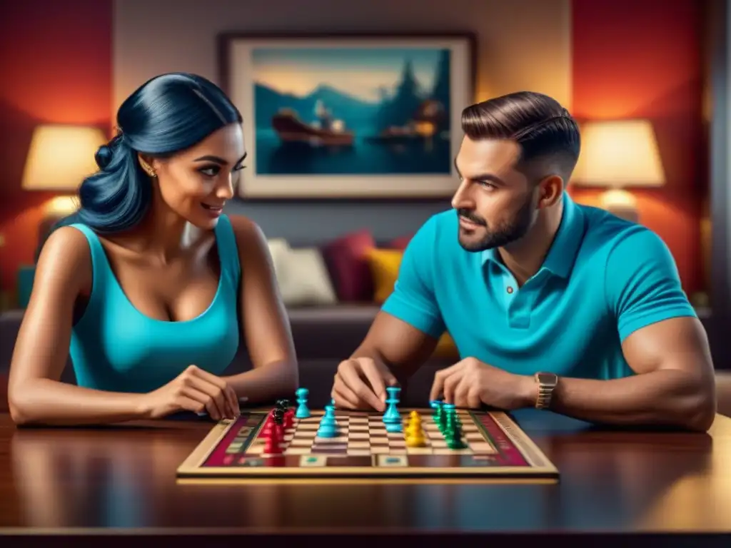 Una pareja disfruta de un juego de mesa estratégico en casa