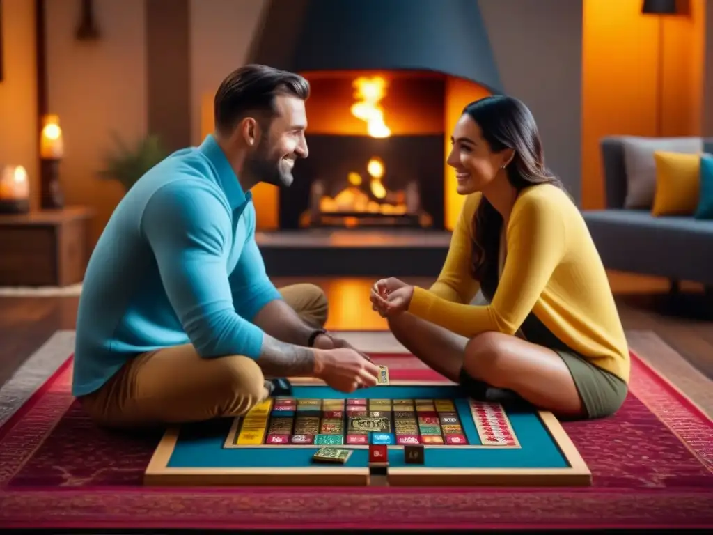 Una pareja disfruta de juegos cooperativos para parejas junto a la chimenea, compartiendo risas y complicidad