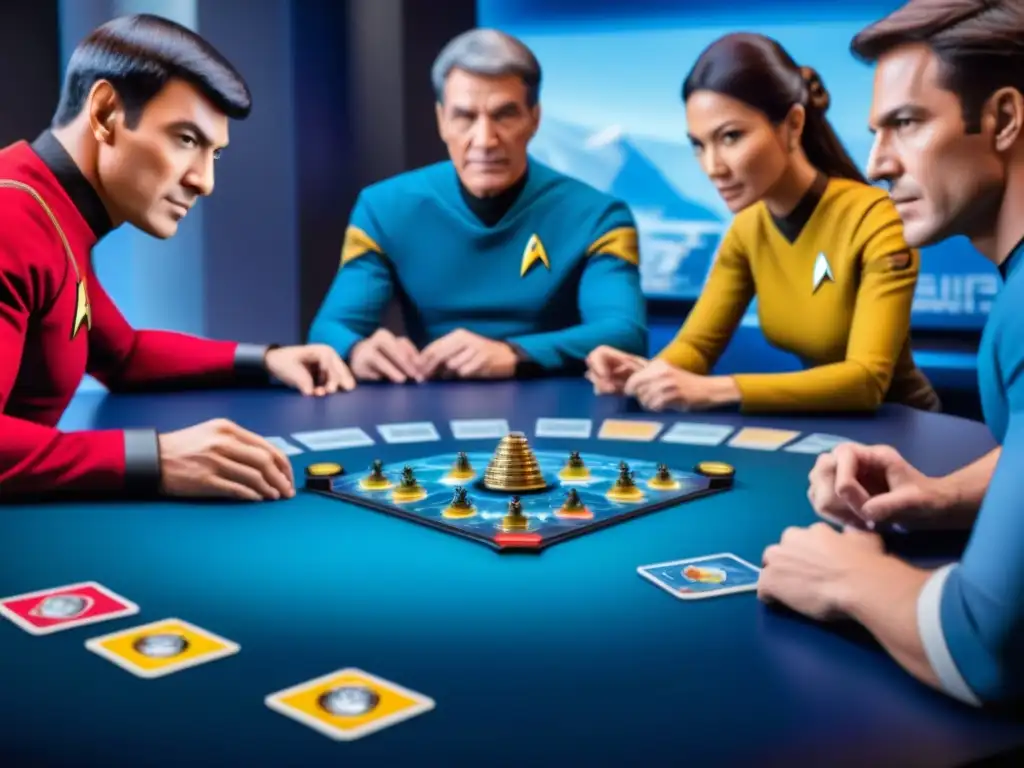 Una partida intensa de 'Star Trek: Catan' con jugadores concentrados en sus estrategias, sumergidos en camaradería