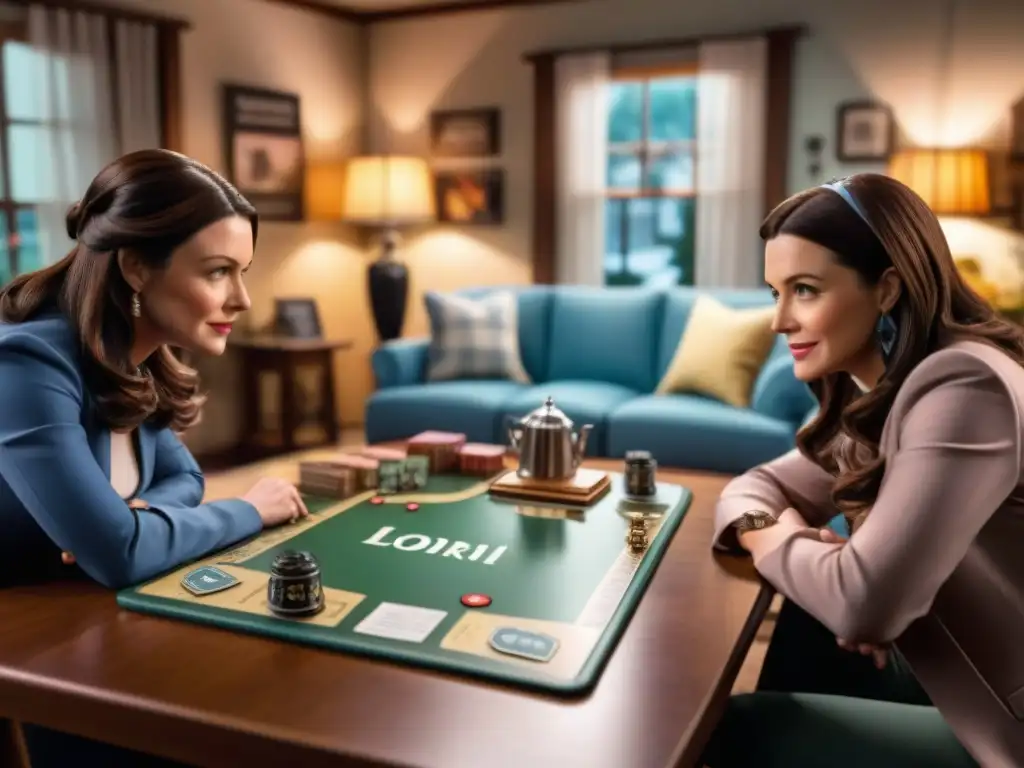 Partida nostálgica del juego de mesa Gilmore Girls en acogedor salón, con detalles y fichas detalladas, cartas con citas ingeniosas y tablero temático