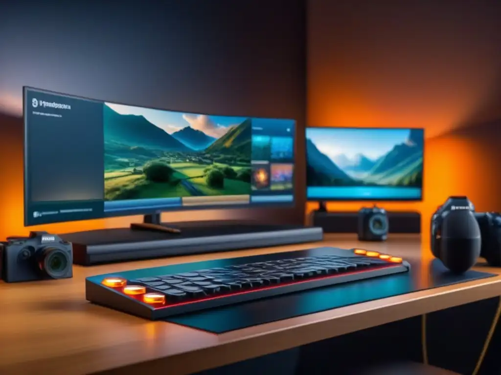 Convertir pasión juegos mesa streaming: Detalle setup streamer profesional juegos mesa con equipo de alta calidad y estética moderna
