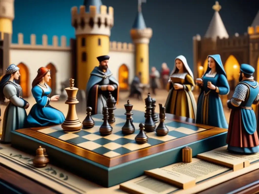 Un patio medieval europeo lleno de actividad con juegos de mesa como ajedrez y backgammon