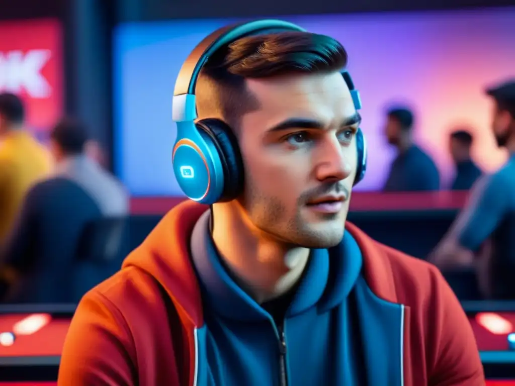 Una persona con discapacidad visual usa un dispositivo táctil mientras escucha con auriculares, demostrando la Importancia del sonido en juegos