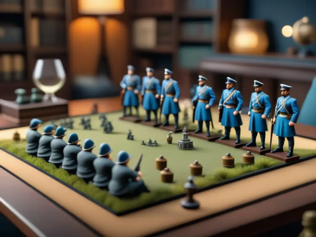 Personas concentradas en juego estratégico de guerra en mesa, con miniaturas y libros de historia militar en ambiente acogedor