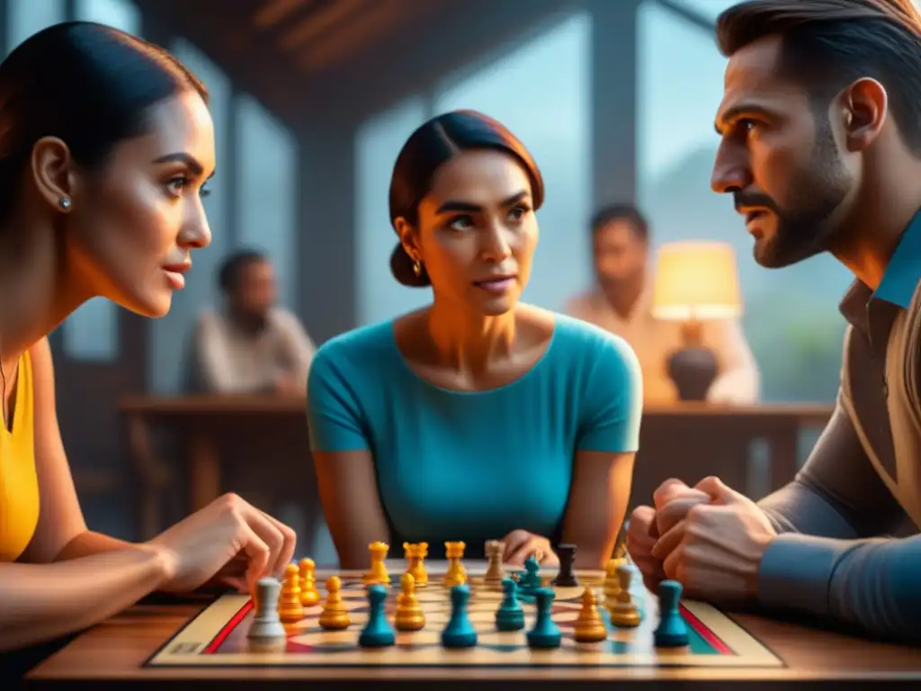 Diversas personas concentradas en juego de mesa, reflejando toma de decisiones en grupo