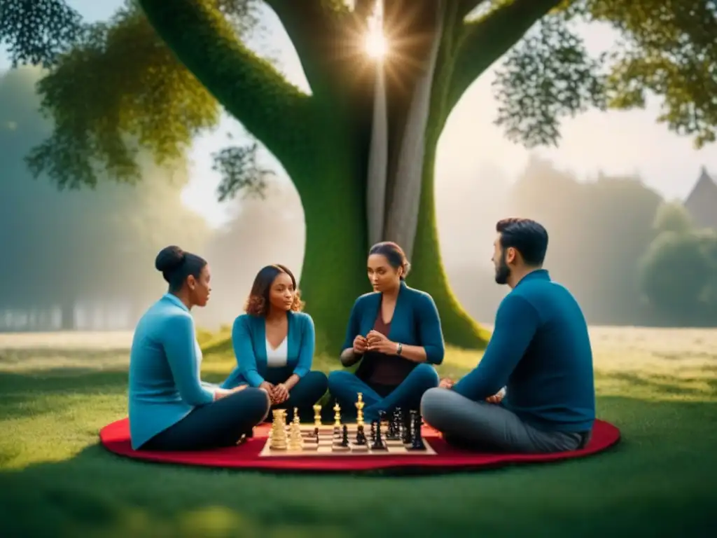 Partida de ajedrez en círculo: diversidad y concentración en la naturaleza Personas diversas juegan ajedrez con concentración en un campo, bajo un árbol