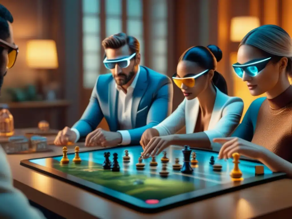 Personas diversas juegan emocionados juegos de mesa realidad aumentada con hologramas y tecnología futurista