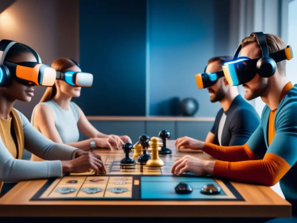 Personas diversas juegan con entusiasmo juegos de mesa en realidad virtual, rodeados de tecnología futurista y material educativo de diseño de juegos