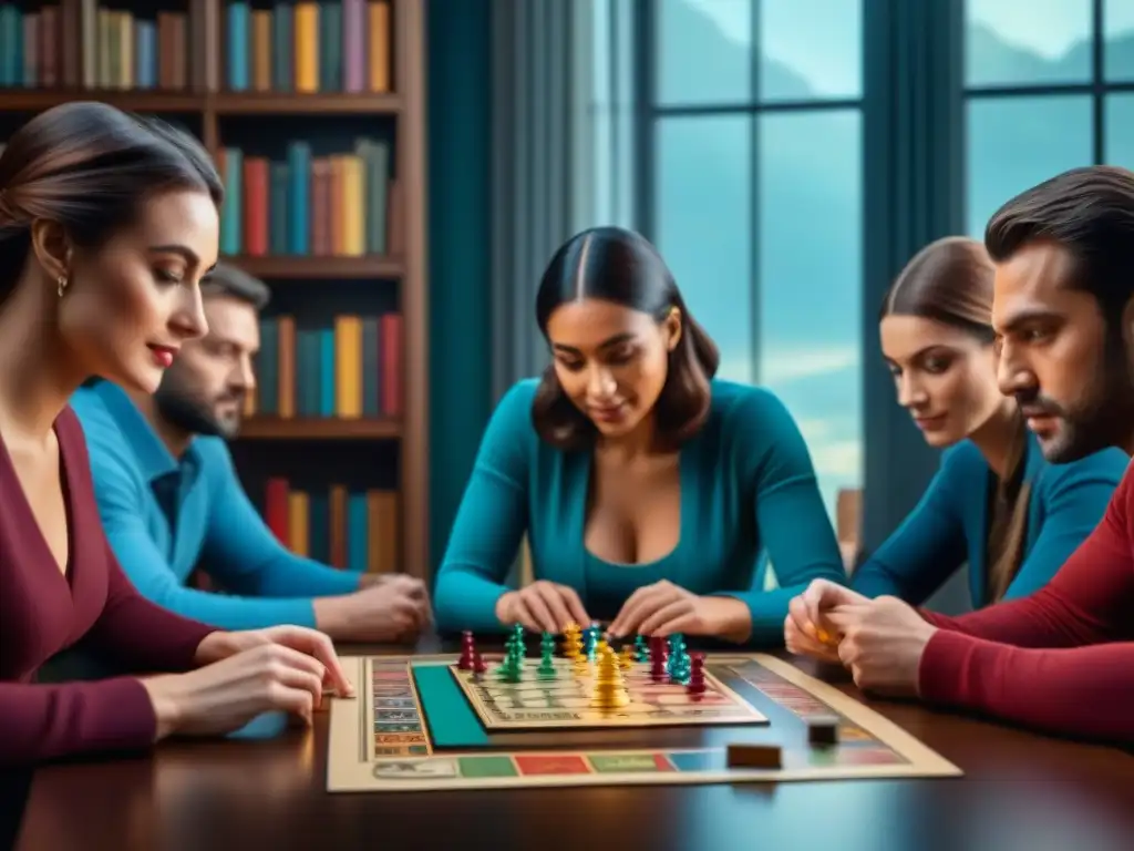 Personas diversas juegan un juego de mesa en una habitación acogedora llena de libros