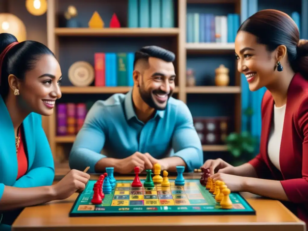 Personas diversas juegan un juego de mesa multilingüe inclusivo, rodeadas de juegos en diferentes idiomas