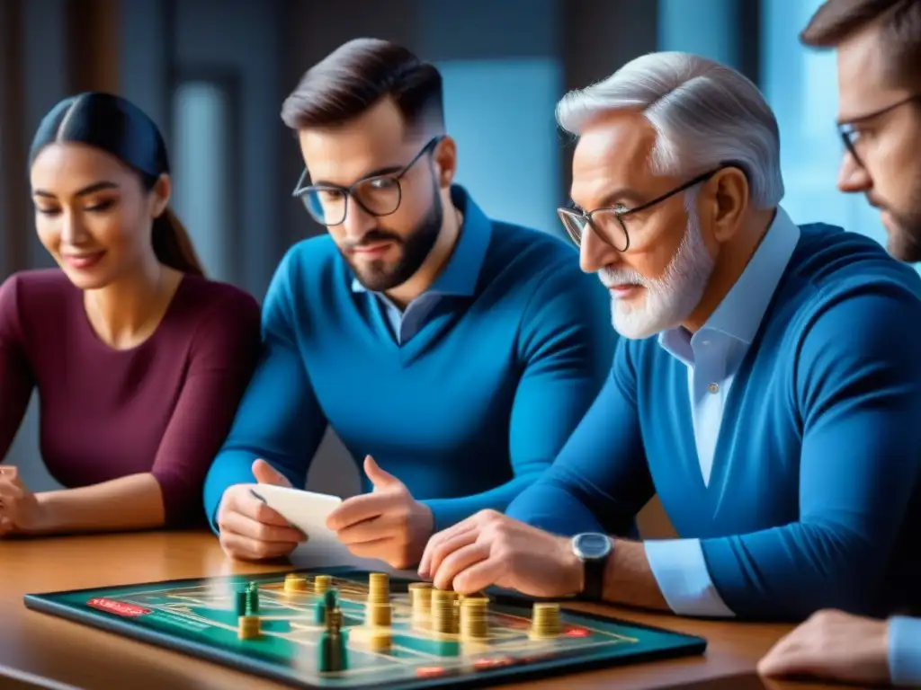 Personas diversas disfrutan de un juego de mesa estratégico con tecnología, en un ambiente acogedor y competitivo