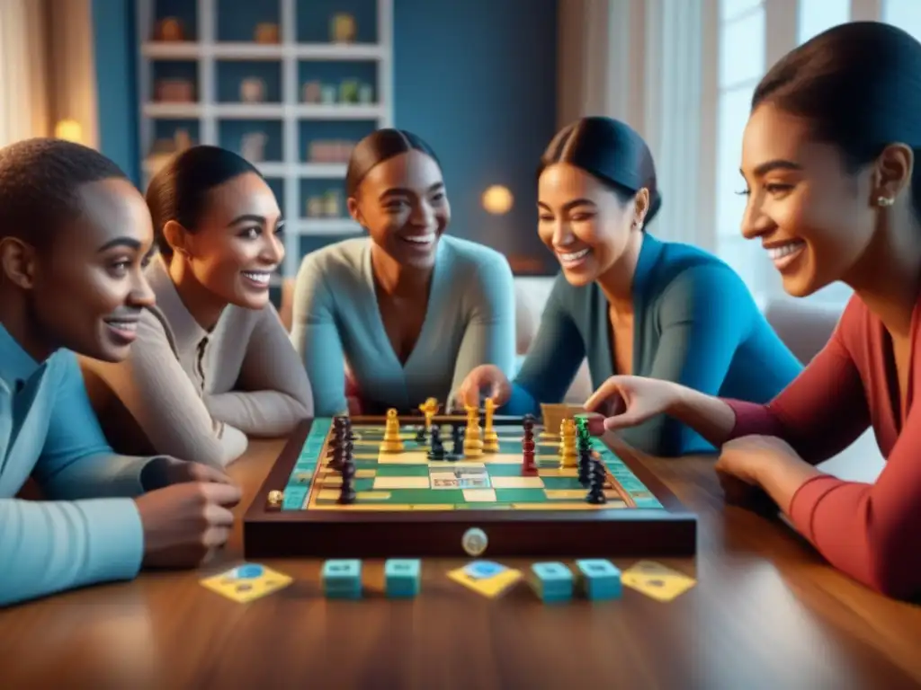 Personas diversas disfrutan de un juego de mesa en una sala acogedora