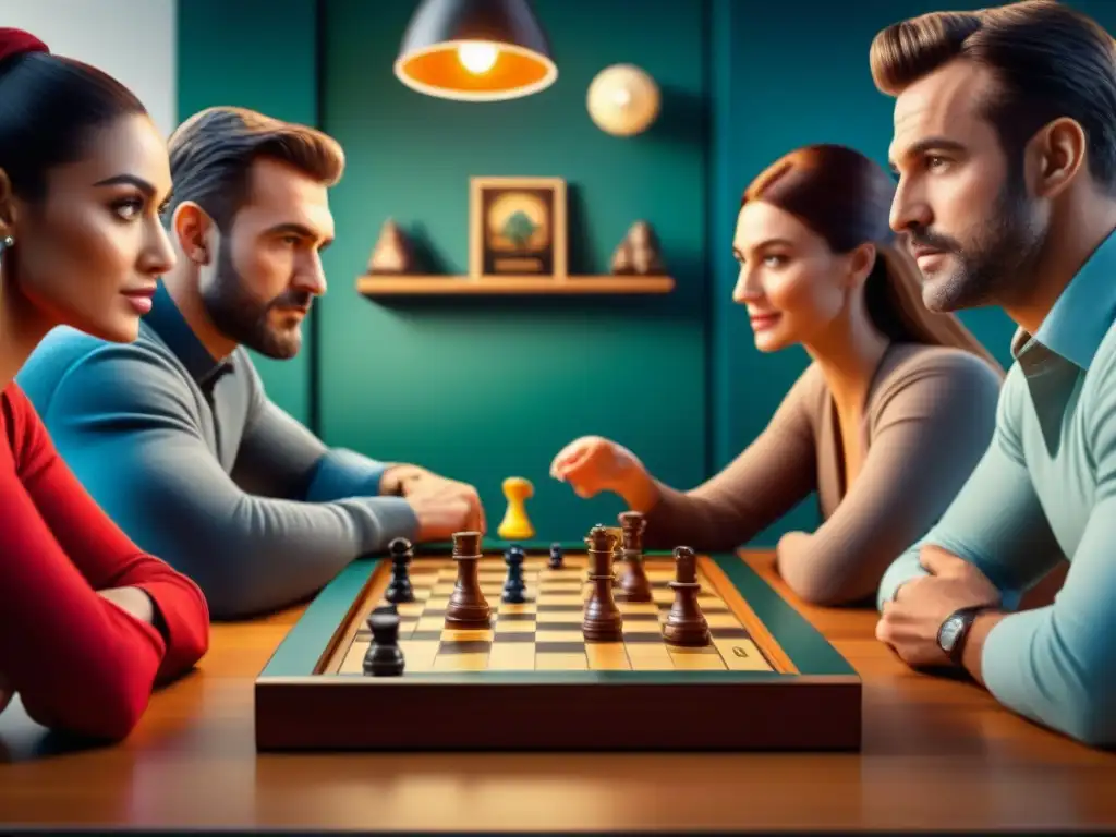 Personas diversas disfrutan de juegos de mesa interactivos en ambiente acogedor con estanterías llenas de juegos