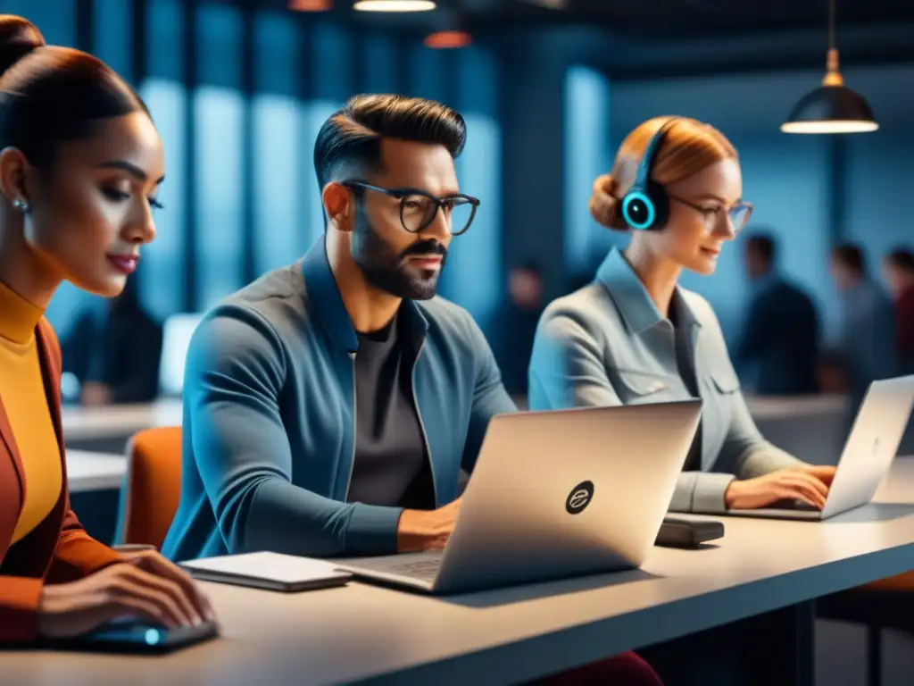 Personas diversas interactúan con plataformas digitales en un coworking moderno, destacando la mejor experiencia usuario plataforma digital