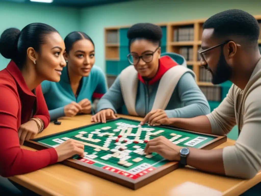 Personas diversas juegan Scrabble en centro comunitario, fomentando evolución del lenguaje en Scrabble