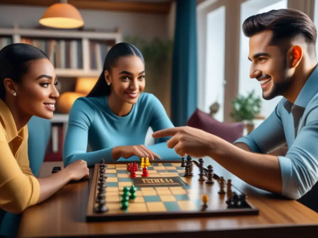 Personas de todas las edades concentradas y emocionadas jugando diversos juegos de mesa en una sala acogedora