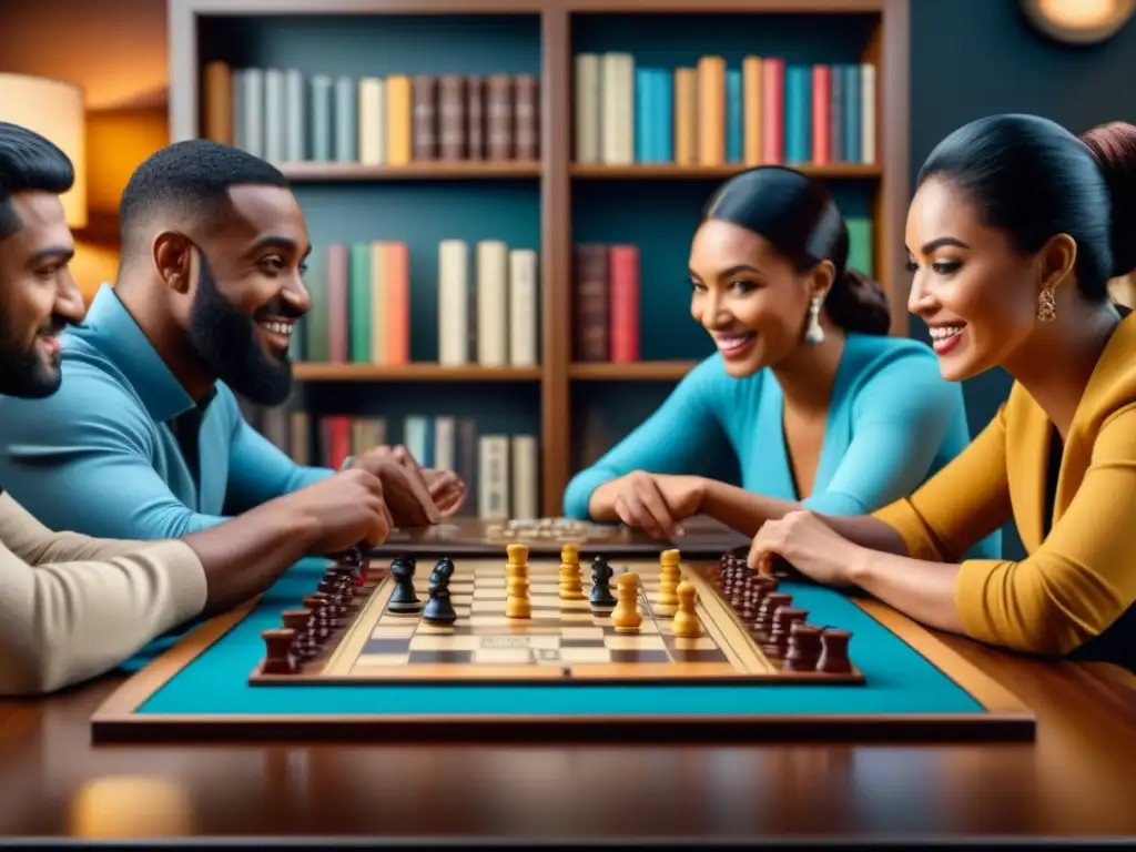 Personas de diferentes edades y etnias disfrutan juntas de un juego de mesa, fomentando la salud mental