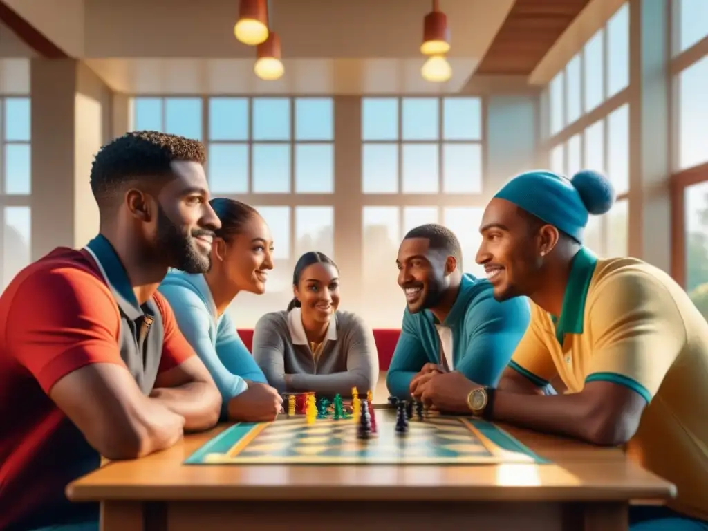 Personas de diversas edades disfrutando de un juego de mesa en un centro comunitario, demostrando cómo los clubes de juegos revitalizan comunidades