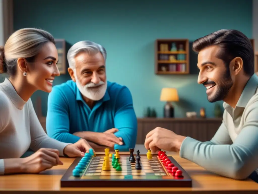 Personas de todas las edades disfrutan de un juego de mesa colorido