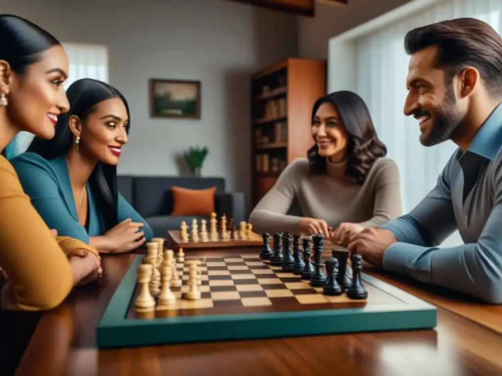 Personas de diferentes edades y orígenes juegan juegos de mesa en la era digital en una sala acogedora