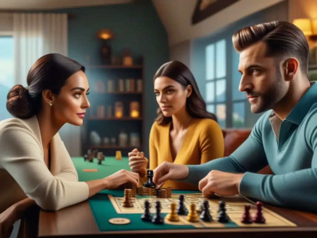 Personas inmersas en un juego de mesa adaptado, donde las piezas cobran vida en un salón acogedor