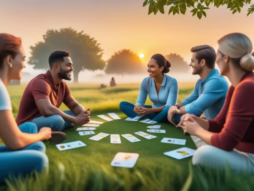 Diversas personas disfrutan de un juego de cartas narrativo bajo un árbol al atardecer