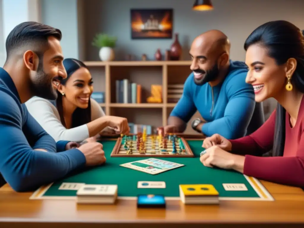 Diversas personas disfrutan de un juego de mesa con entusiasmo y camaradería, rodeados de color y diversión