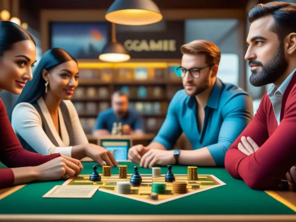 Diversas personas se concentran en un juego de mesa estratégico en un café, destacando el desarrollo económico juegos de mesa