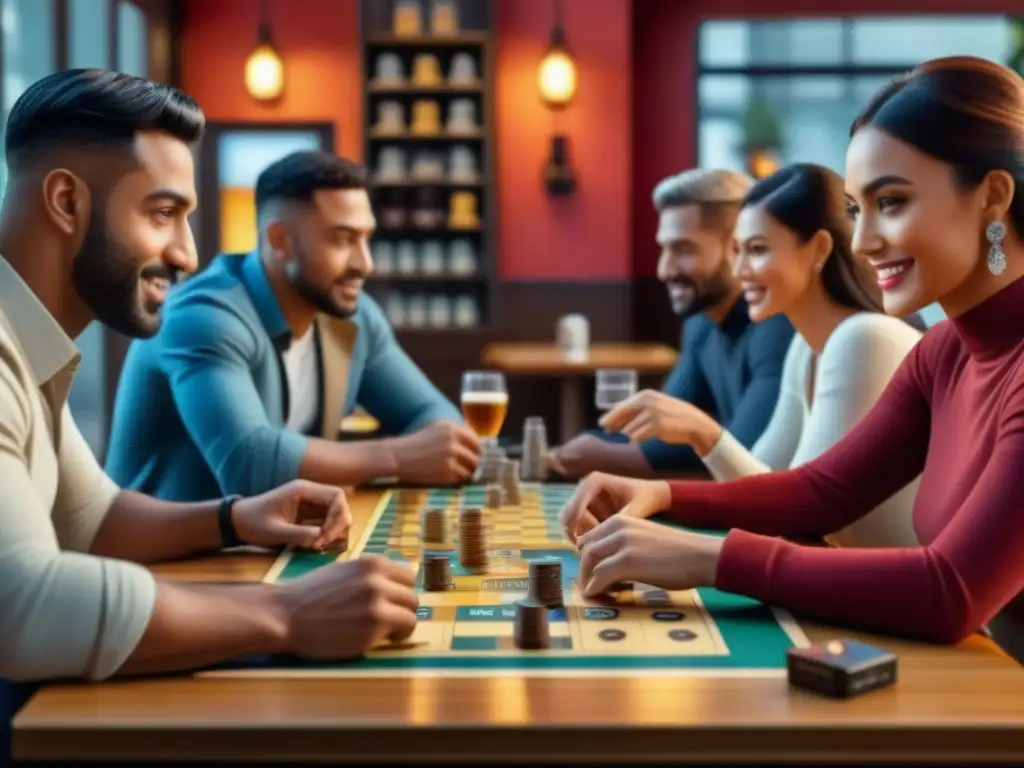 Diversas personas disfrutan de un juego de mesa estratégico en un acogedor café, con atmósfera relajada