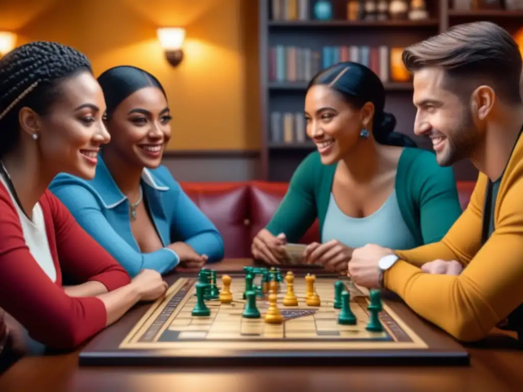 Diversas personas disfrutan un juego de mesa juntas en un café, mostrando inclusión en eventos de juegos de mesa