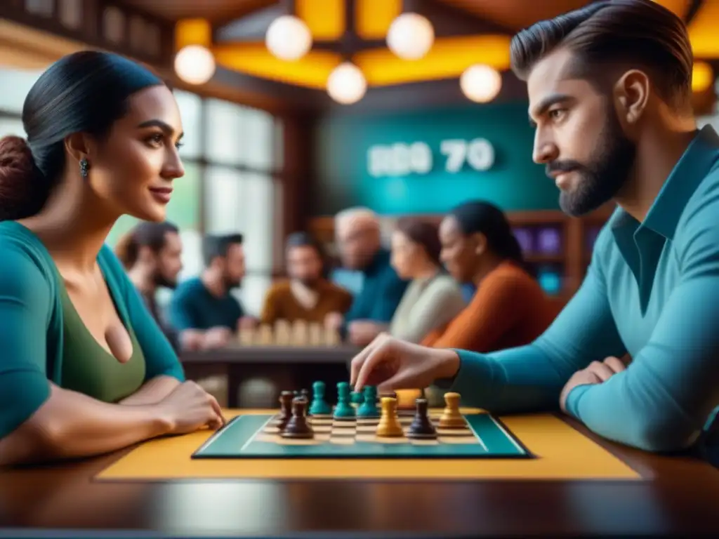 Jugadores disfrutando de juegos de mesa en café temático Diversas personas disfrutan de juegos de mesa en un café acogedor y bien iluminado