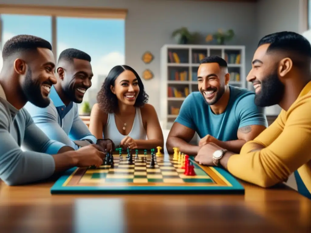 Diversas personas disfrutan de juegos de mesa, creando resiliencia emocional a través de juegos