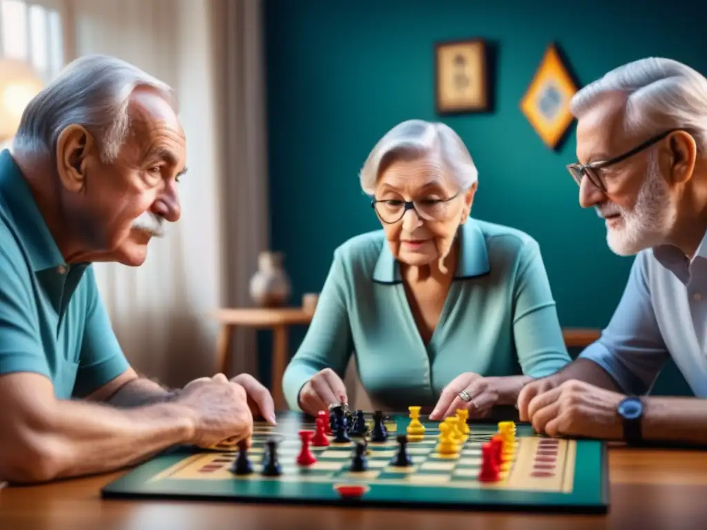 Personas mayores disfrutan de un juego de mesa desafiante, mostrando agilidad mental y social