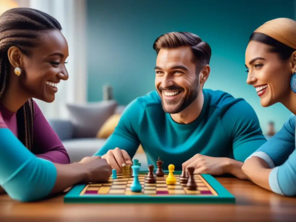 Diversas personas sonrientes jugando juegos de mesa en sala acogedora