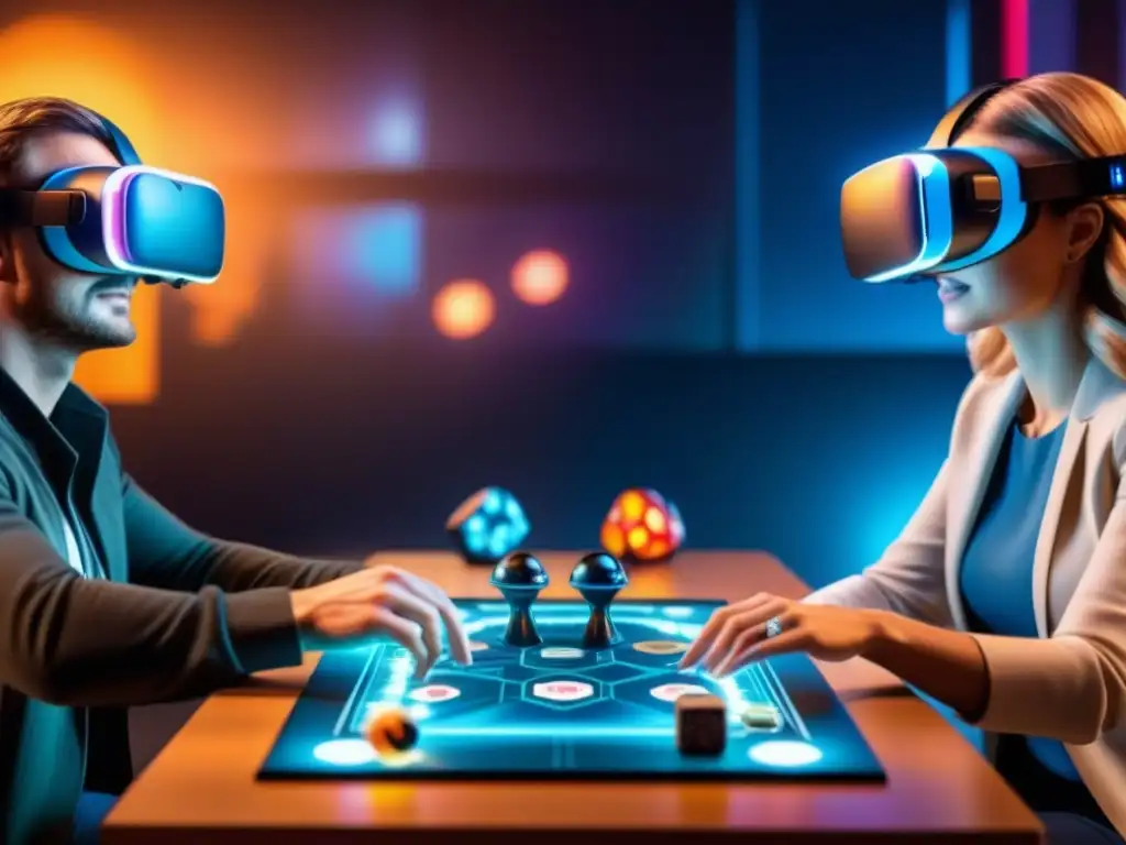 Personas usando visores de realidad virtual en un juego de mesa futurista